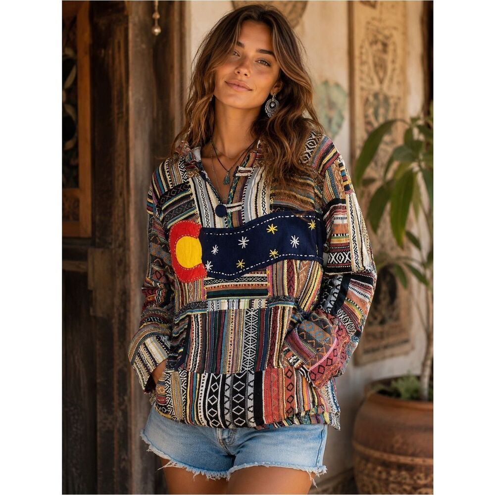Rising International 100% Cotton Colorado Nights Patchwork Hoody Pancho Sz L